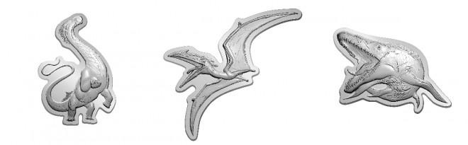 A random pin badge featuring one of the three great dinosaurs—land, sea, or sky—is included.